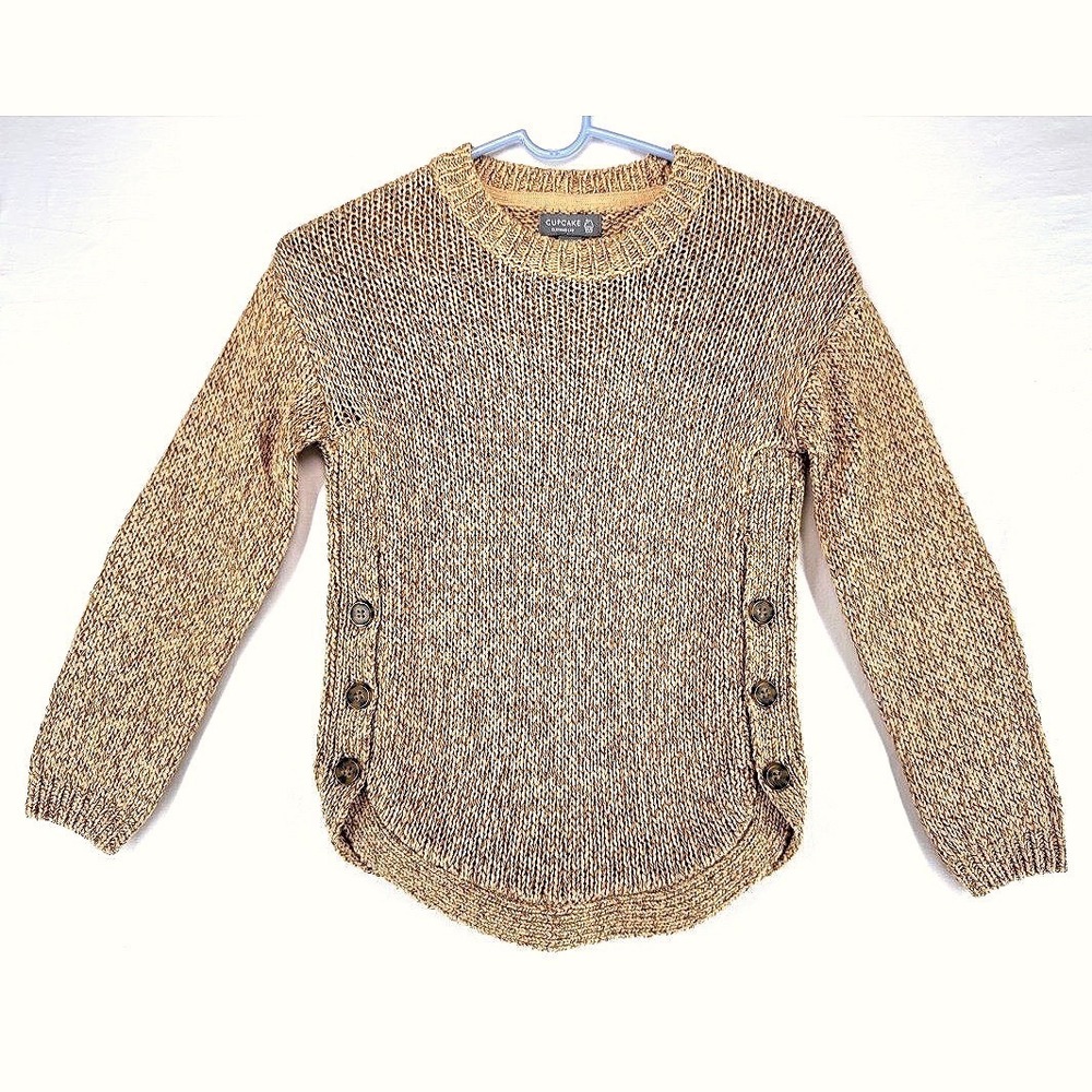 Cupcake Girls Tan Knit Sweater Elbow Patch Side Button Y8 Preppy Academia Cozy
